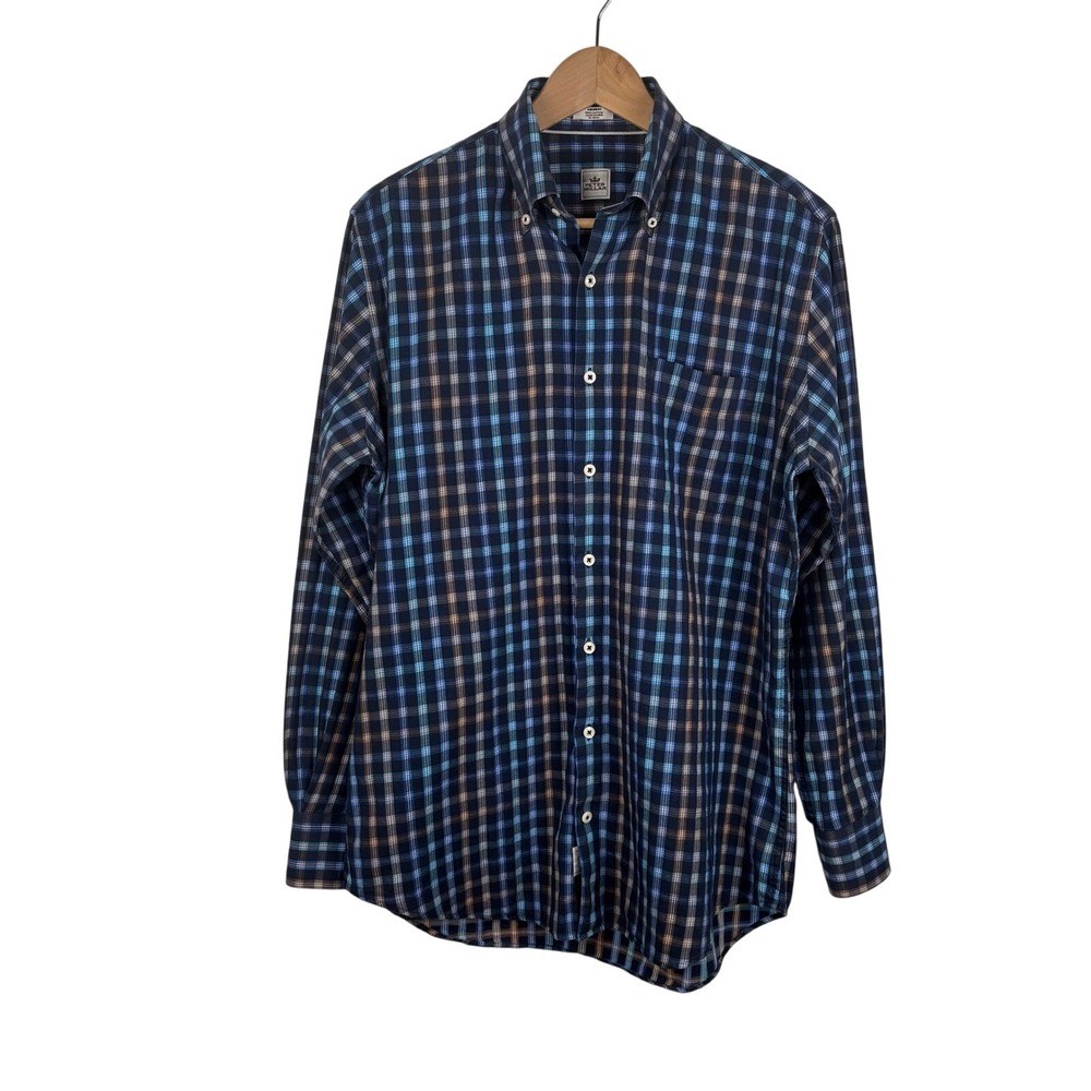 Peter Millar Men M Plaid Button Down Shirt Blue Brown Check Cotton Preppy Office